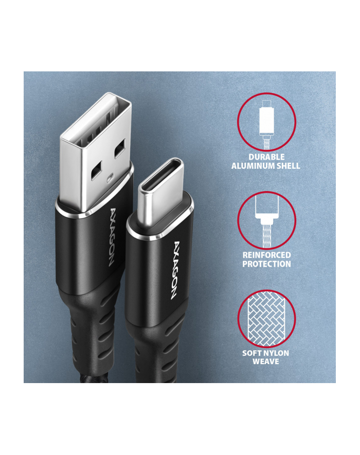 axagon BUCM-AM20AB Kabel USB-C - USB-A, 2m, USB 2.0, 3A, ALU, oplot, Czarny główny