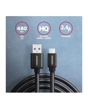 axagon BUMM-AM10AB Kabel Micro USB  USB-A, 1m, USB 2.0, 2.4A, ALU, oplot, Czarny