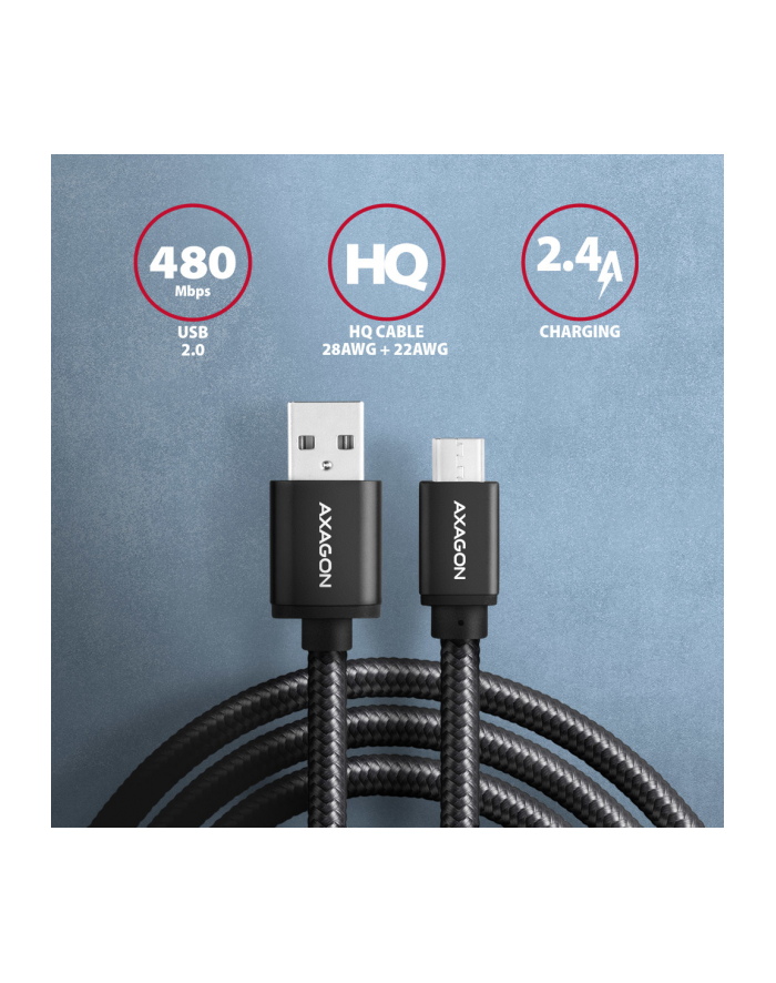 axagon BUMM-AM10AB Kabel Micro USB  USB-A, 1m, USB 2.0, 2.4A, ALU, oplot, Czarny główny