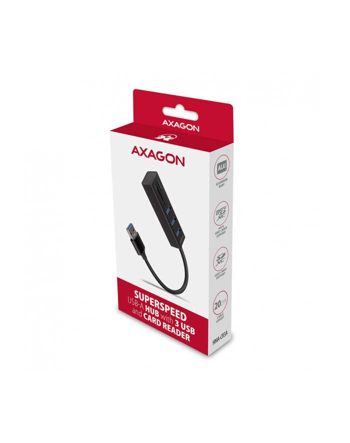 axagon HMA-CR3A Wieloportowy hub 3x USB-A + SD/microSD, USB3.2 Gen 1 hub, metalowy, 20cm USB-A kabel główny