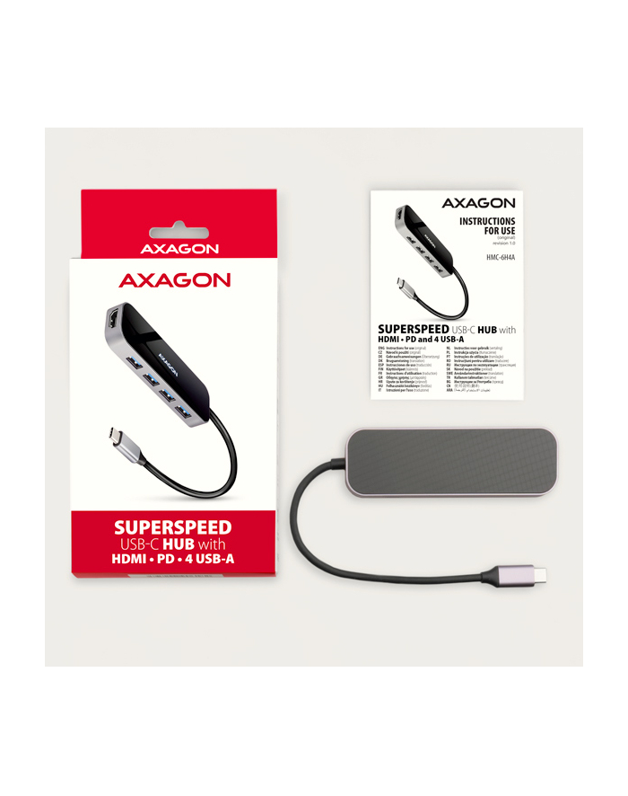 axagon HMC-6H4A Wieloportowy hub 4x USB-A + HDMI, USB-C 3.2 Gen 1, PD 100W, 20cm USB-C kabel główny