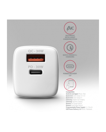 axagon ACU-PQ30W Ładowarka sieciowa PD ' QC 30W, QC3.0,4.0/AFC/FCP/PPS/Apple Biała