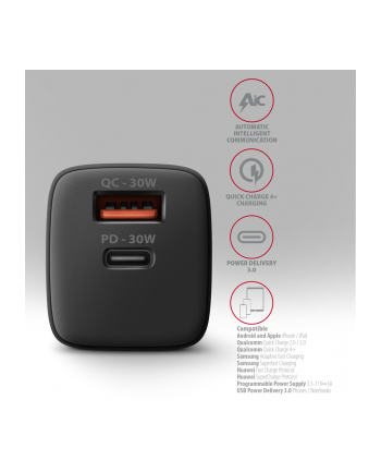 axagon ACU-PQ30 Ładowarka sieciowa, PD ' QC 30W, QC3.0,4.0/AFC/FCP/PPS/Apple, Czarna