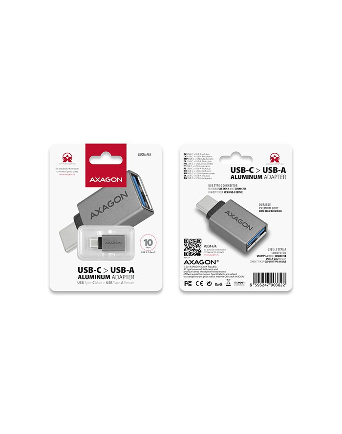 axagon RUCM-AFA Redukcja, USB 3.1 Type-C męska -> Type-A żeńska ALU główny