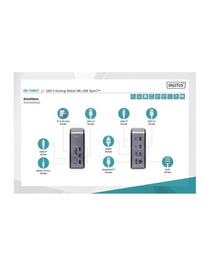digitus Stacja dokująca USB 4.0 Typ C, 14-portów 8K 30Hz HDMI, DP 1.4, PD 3.0, SD microSD, RJ45 główny