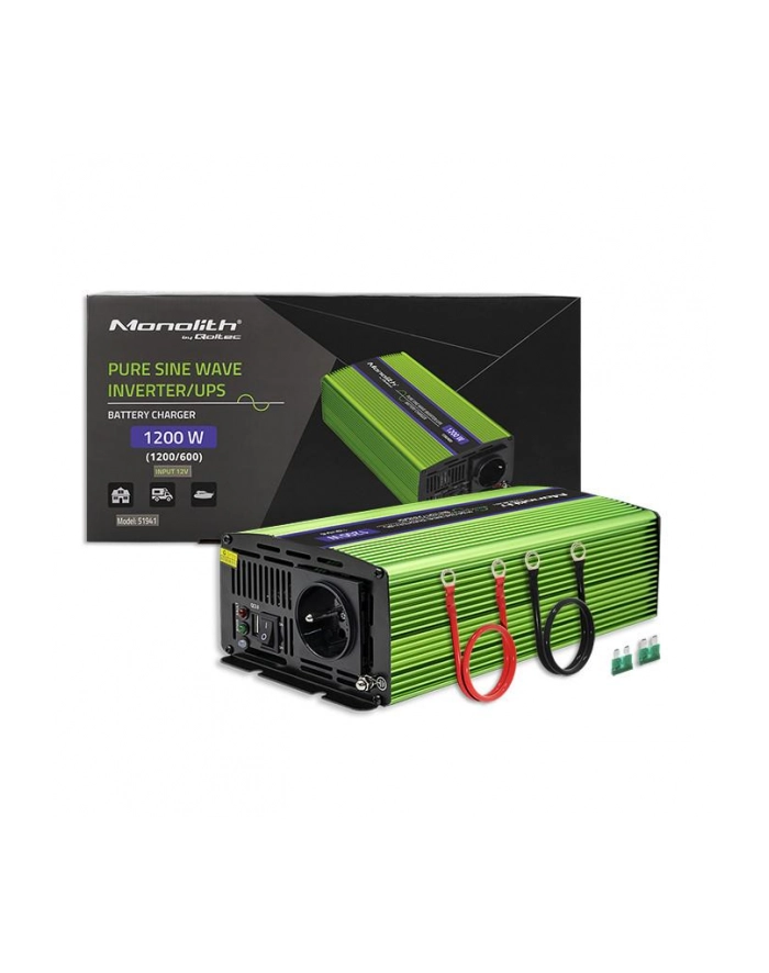 qoltec Przetwornica napięcia Monilith | ładowanie baterii | UPS | 600W |1200W | 12V na 230V | Czysty Sinus główny
