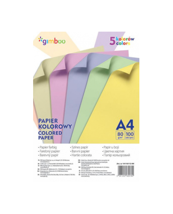 pbs connect Papier kolorowy A4, 100 arkuszy, 80gsm, 5 kolorów pastelowych GIMBOO