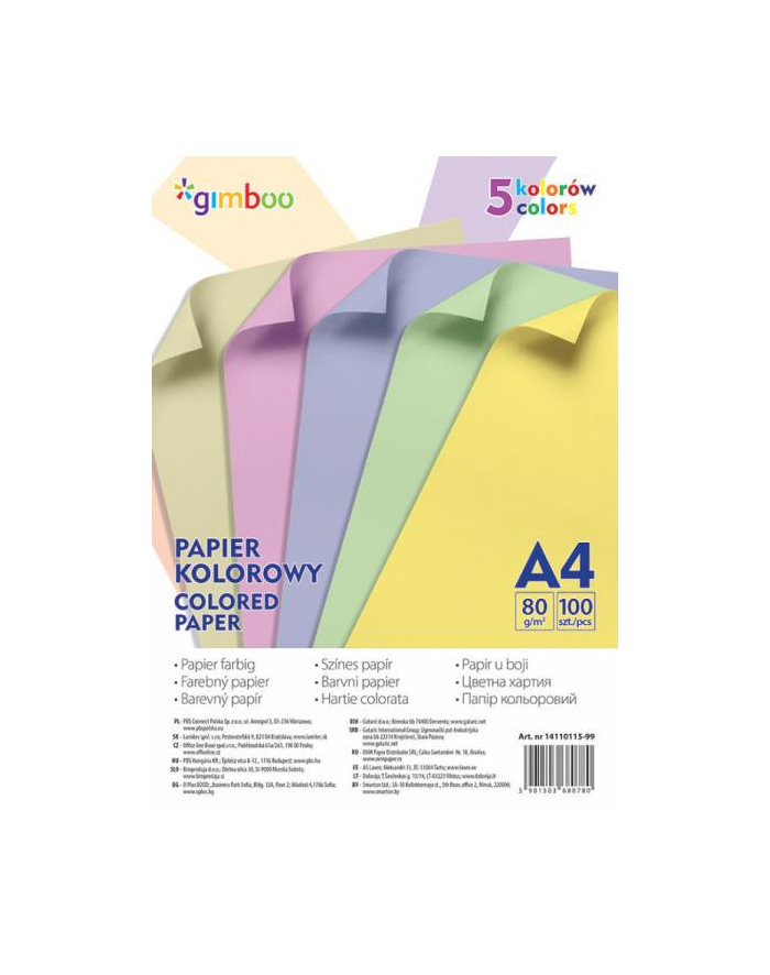 pbs connect Papier kolorowy A4, 100 arkuszy, 80gsm, 5 kolorów pastelowych GIMBOO główny