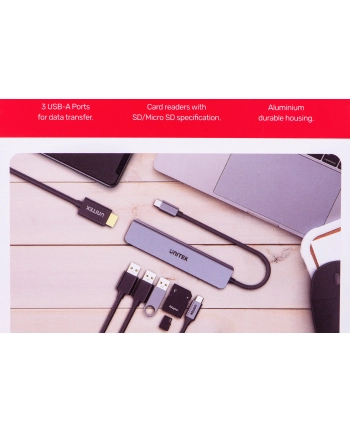 UNITEK HUB USB-C 7W1, HDMI 4K, PD 100W, 5GBPS, ALU
