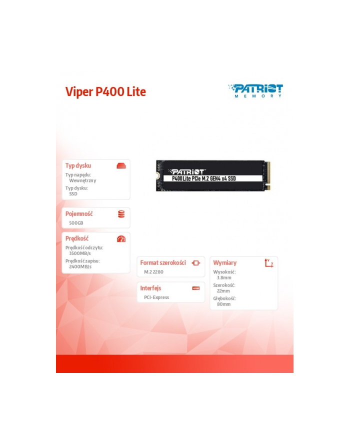 patriot Dysk SSD 500GB Viper P400 Lite 3500/2400MB/s PCIe M.2 Gen 4x4 NVMe1.4 główny