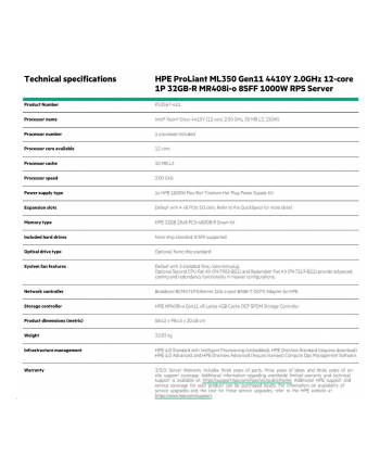 hewlett packard enterprise HPE ProLiant ML350 Gen11 Intel Xeon Silver 4410Y 2.0GHz 12-core 1P 32GB-R MR408i-o 8SFF 1000W RPS Server