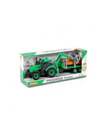 Polesie 96487 Traktor Progres inercyjny z podnośnikiem i przyczepą do przewozu dłużycy, zielony w pudełku