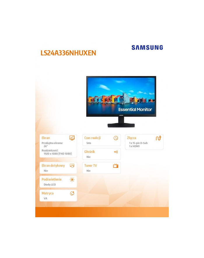 samsung Monitor 24 cale LS24A336NHUXEN VA 1920x1080 FHD 16:9 1xD-sub 1xHDMI 5ms(GTG) płaski  2 lata d2d główny