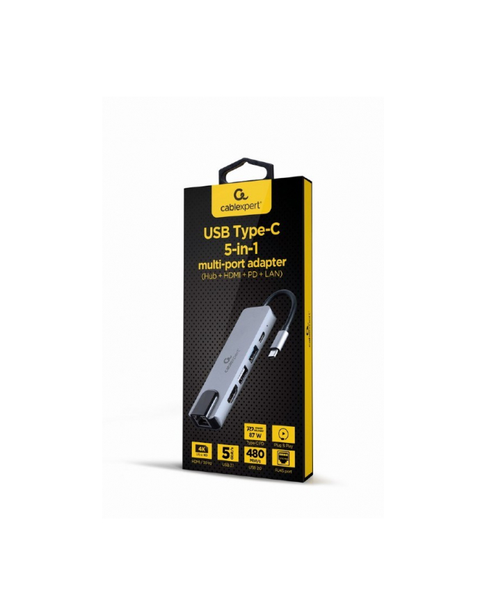 GEMBIRD MULTI ADAPTER USB TYP-C 5W1 (HUB + HDMI + PD + CZYTNIK KART + LAN) SREBRNY główny