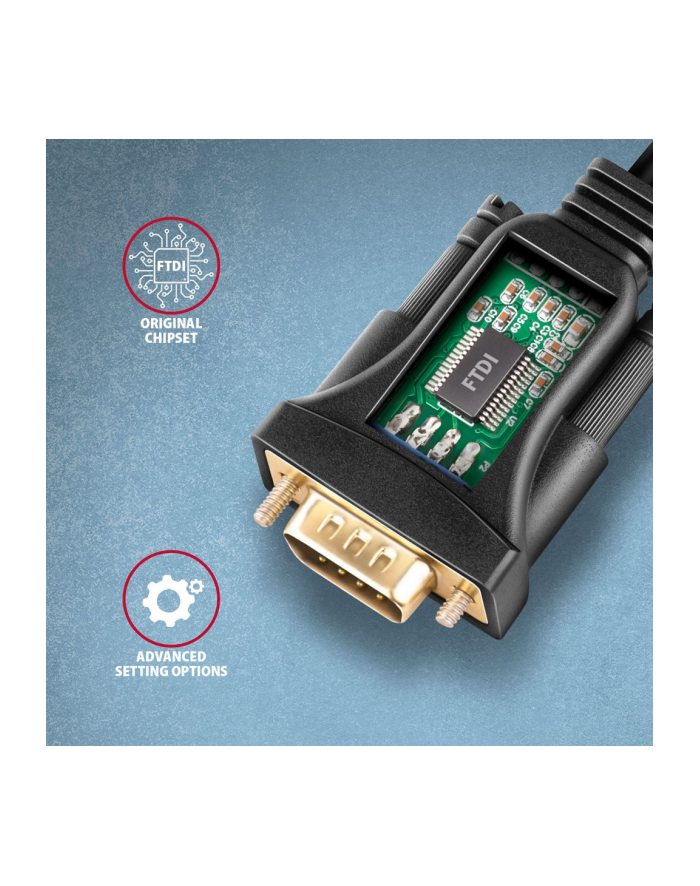 axagon ADS-1PQN Adapter USB 2.0 > RS-232 Port szeregowy, 1,5m kabel, chip FTDI główny