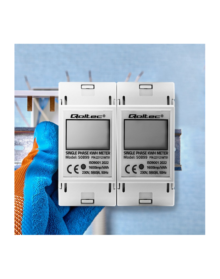 qoltec Jednofazowy elektroniczny licznik | miernik zużycia energii na   szynę DIN | 230V | LCD | 2P główny