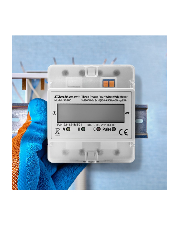qoltec Trójfazowy elektroniczny licznik | miernik zużycia energii na szynę DIN | 230V | LCD | 4P główny