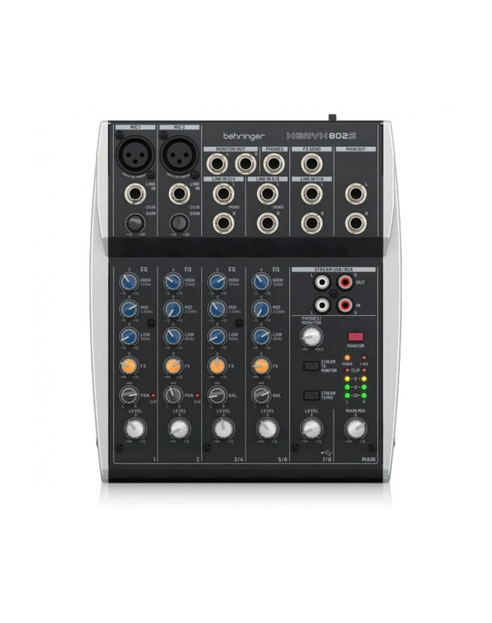 Behringer 802S - 8-kanałowy kompaktowy mikser analogowy z interfejsem USB zaprojektowany specjalnie do obsługi podcastów, streamowania oraz nagrywania w domu główny