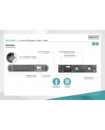 digitus Zasilacz awaryjny UPS Online Rack 19'/Tower, 10kVA/10kW, 2U, bez baterii (moduł baterii DN-170108)