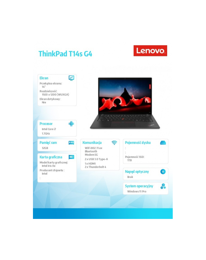 lenovo Ultrabook ThinkPad T14s G4 21F6005APB W11Pro i7-1355U/32GB/1TB/INT/LTE/14.0 WUXGA/Deep Black/3YRS Premier Support + CO2 Offset główny