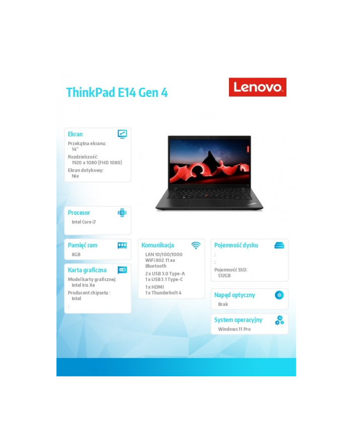 lenovo Notebook ThinkPad L14 G4 21H10040PB W11Pro i7-1355U/8GB/512GB/INT/14.0 FHD/3YRS OS + 1YR Premier Support główny