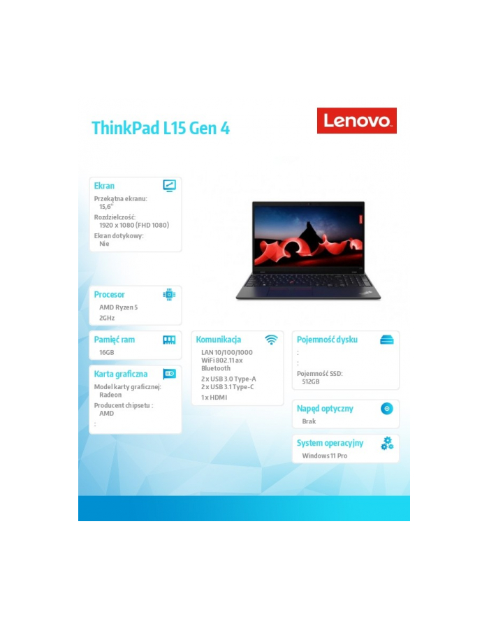lenovo Laptop ThinkPad L15 AMD G4 21H7001NPB W11Pro 7530U/16GB/512GB/INT/15.6 FHD/Thunder Black/1YR Premier Support + 3 YRS OS główny