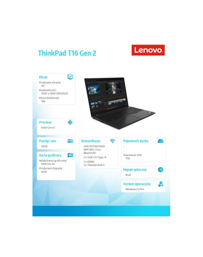 lenovo Notebook ThinkPad T16 G2 21HH003EPB W11Pro i7-1355U/16GB/1TB/INT/16.0 WUXGA/Thunder Black/3YRS Premier Support + CO2 Offset główny
