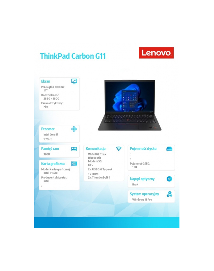 lenovo Ultrabook ThinkPad Carbon G11 21HM006QPB W11Pro i7-1355U/32GB/1TB/INT/LTE/14.0 2.8K/Deep Black/3YRS Premier Support + CO2 Offset główny