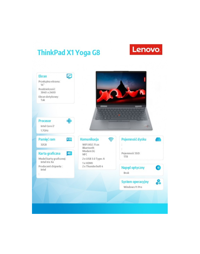 lenovo Ultrabook ThinkPad X1 Yoga G8 21HQ005TPB W11Pro i7-1355U/32GB/1TB/INT/LTE/14.0 WQUXGA/Touch/Storm Grey/3YRS Premier Support + CO2 Offset główny