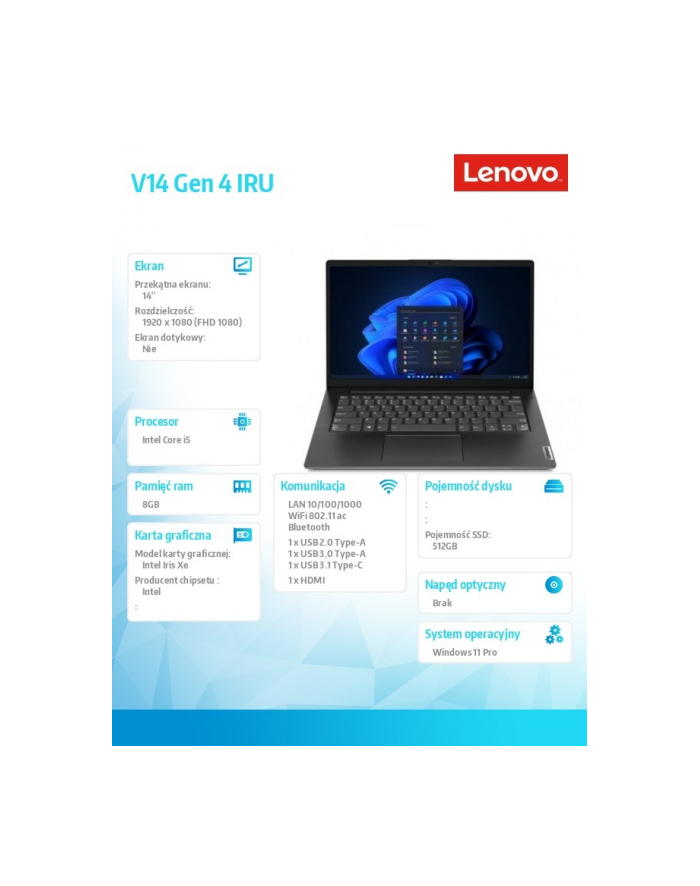 lenovo Laptop V14 G4 83A00042PB W11Pro i5-1335U/8GB/512GB/INT/14.0 FHD/Business Black/3YRS OS główny