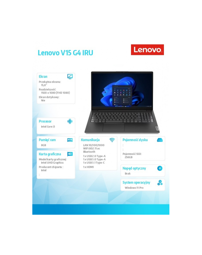 lenovo Laptop V15 G4 82KB016NPB W11Pro i3-1315U/8GB/256GB/INT/15.6 FHD/3YRS OS główny
