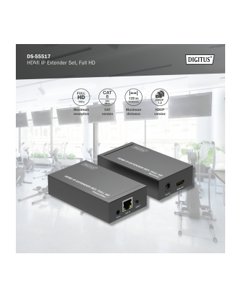 digitus Przedłużacz/Extender HDMI 1080p 60Hz 120m po skrętce Cat.6/6A/7/8 HDCP 1.3 IR, zestaw