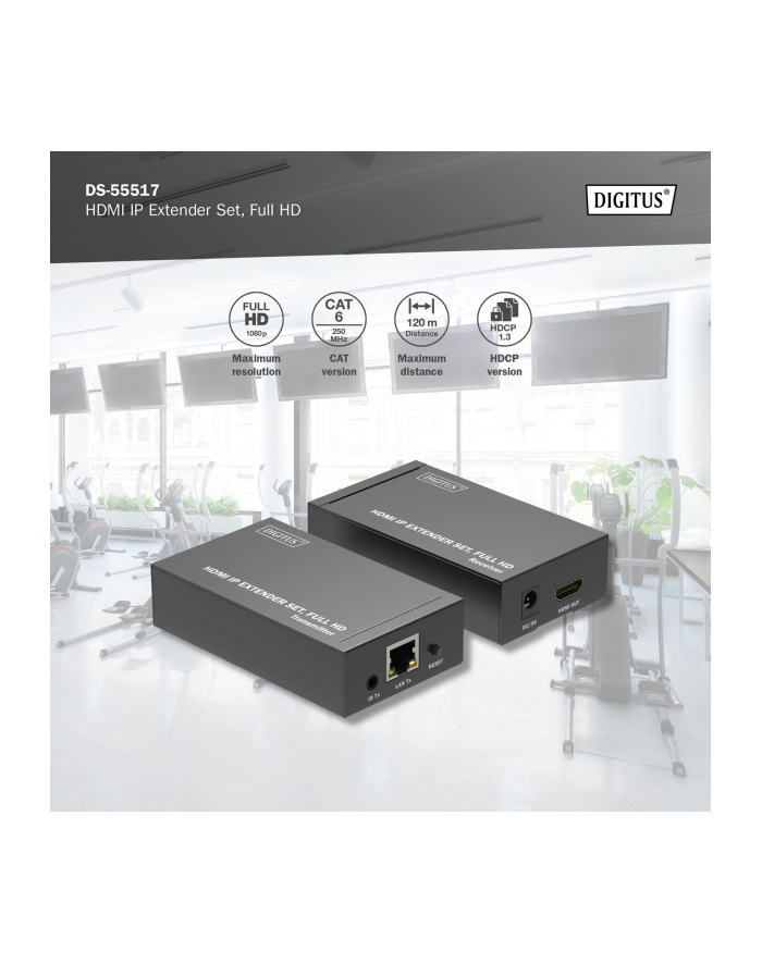 digitus Przedłużacz/Extender HDMI 1080p 60Hz 120m po skrętce Cat.6/6A/7/8 HDCP 1.3 IR, zestaw główny