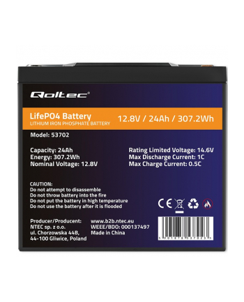 qoltec Akumulator LiFePO4 Litowo-Żelazowo-Fosforanowy | 12.8V | 24Ah |  307.2Wh | BMS