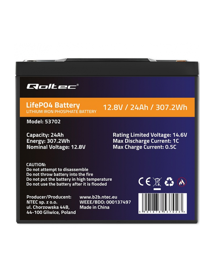 qoltec Akumulator LiFePO4 Litowo-Żelazowo-Fosforanowy | 12.8V | 24Ah |  307.2Wh | BMS główny