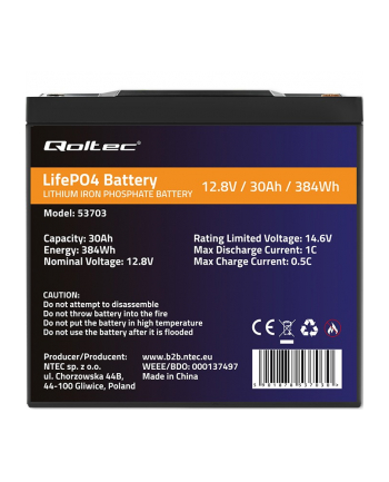 qoltec Akumulator LiFePO4 Litowo-Żelazowo-Fosforanowy | 12.8V | 30Ah |  384Wh | BMS