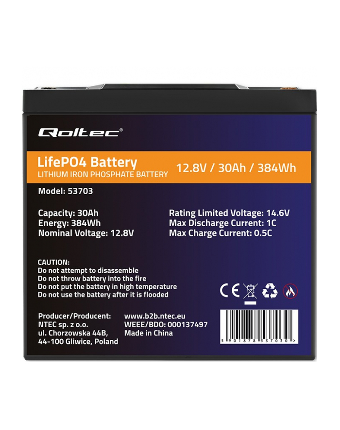 qoltec Akumulator LiFePO4 Litowo-Żelazowo-Fosforanowy | 12.8V | 30Ah |  384Wh | BMS główny