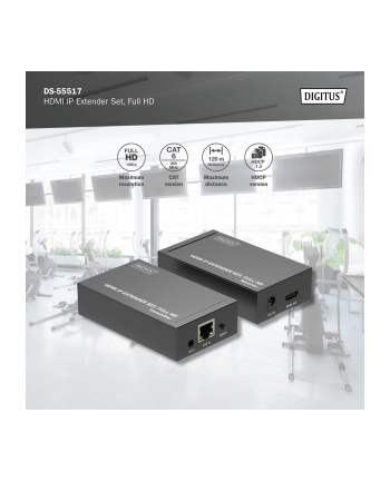 digitus Przedłużacz/Extender HDMI 1080p 60Hz 120m po skrętce Cat.6/6A/7/8 HDCP 1.3 IR, zestaw