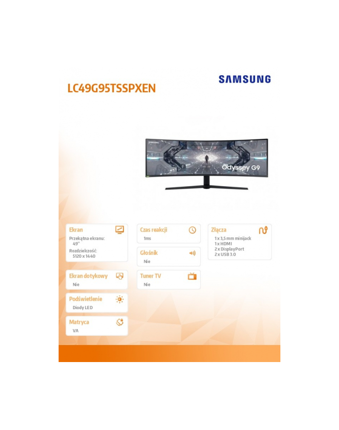 samsung Monitor 49 cali LC49G95TSSPXEN VA 5120x1440 DQHD 32:9 super szeroki 1xHDMI 2xDP 2xUSB 3.0 1ms(GTG) HAS zakrzywiony 240Hz Gaming 2 lata d2d główny