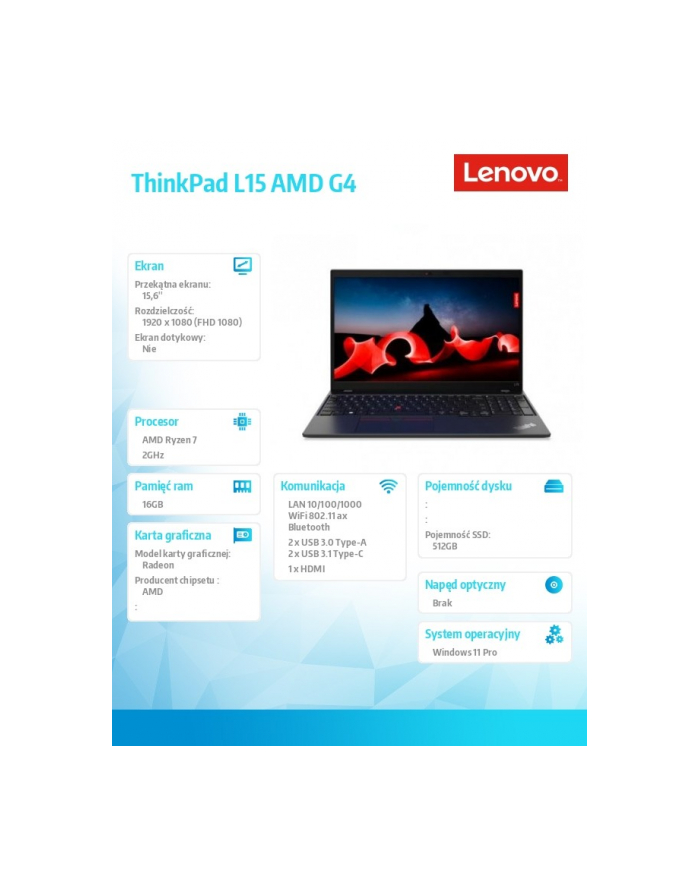 lenovo Laptop ThinkPad L15 AMD G4 21H7001PPB W11Pro 7730U/16GB/512GB/INT/15.6 FHD/Thunder Black/1YR Premier Support + 3YRS OS główny