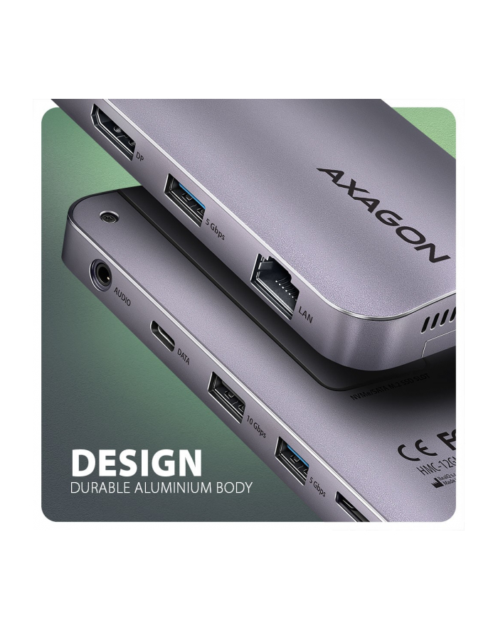 axagon HMC-12GM2 hub USB 12 in1 10Gbps, 3x USB-A, USB-C, HDMI, DP,  RJ-45, M.2, SD/mSD, audio, PD główny