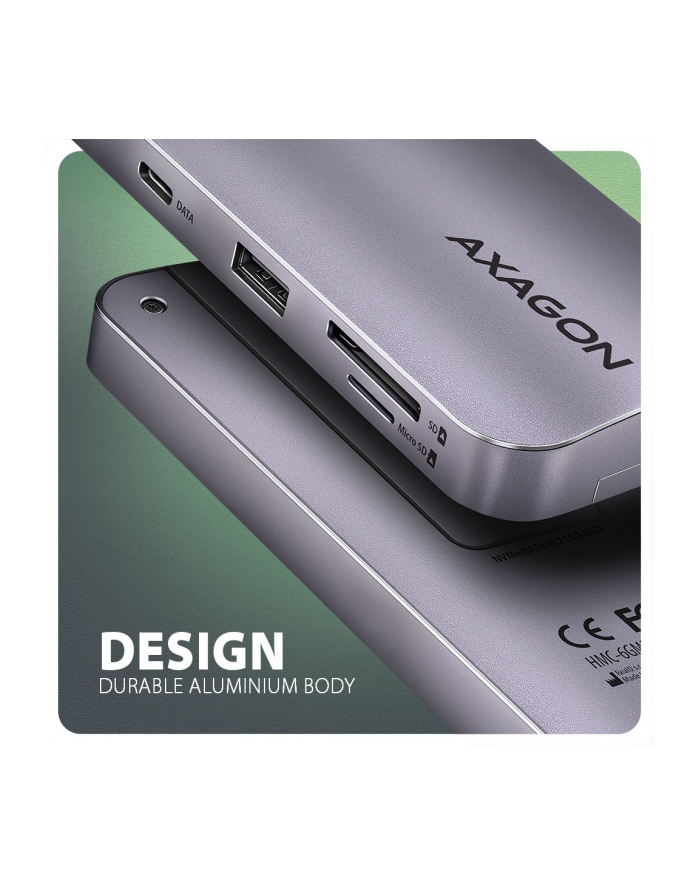 axagon HUB HMC-6GM2 USB  6 in1 10Gbps hub, USB-A, USB-C,  HDMI, M.2, SD/ mSD, PD 100W, USB-C główny