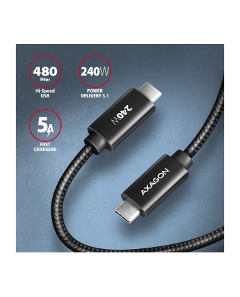 axagon BUCM2-CM10AB Kabel USB-C - USB-C, 1.0m 5A charging, ALU, 240W PD, oplot, USB2.0