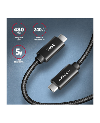 axagon BUCM2-CM15AB Kabel USB-C - USB-C, 1.5m 5A charging, ALU, 240W PD, oplot, USB2.0