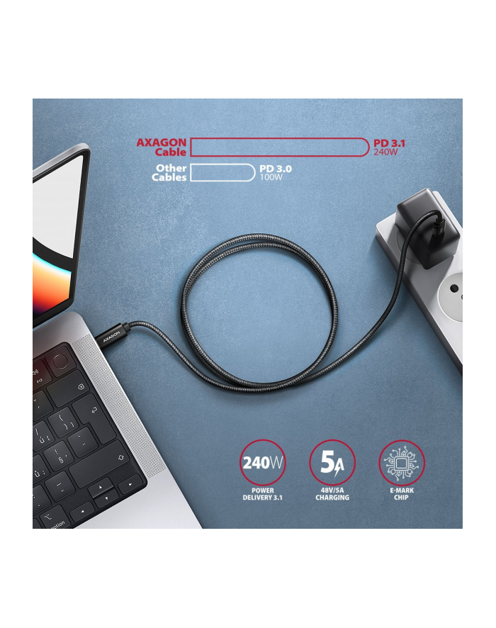 axagon BUCM2-CM15AB Kabel USB-C - USB-C, 1.5m 5A charging, ALU, 240W PD, oplot, USB2.0 główny