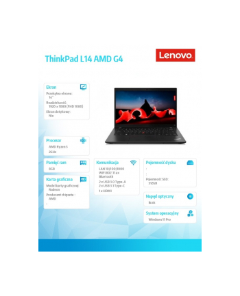 lenovo Laptop ThinkPad L14 AMD G4 21H5001NPB W11Pro 7530U/8GB/512GB/AMD Radeon/14.0 FHD/Thunder Black/1YR Premier Support + 3YRS OS
