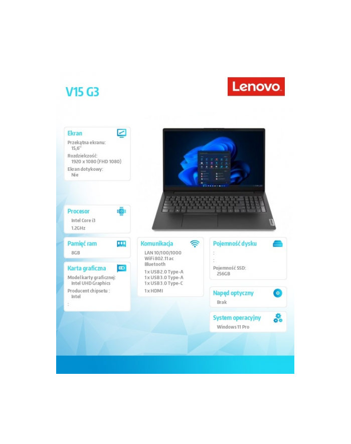 lenovo Laptop V15 G3 82TT00N7PB W11Pro i3-1215U/8GB/256GB/INT/15.6 FHD/Business Black/3YRS OS główny
