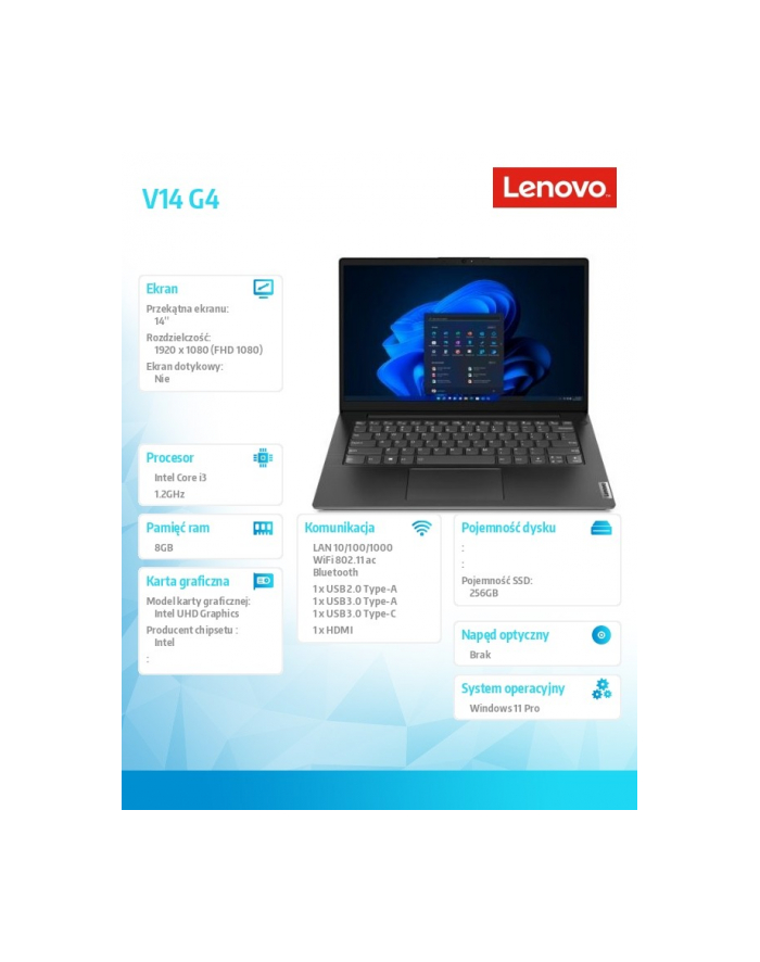 lenovo Laptop V14 G4 83A00041PB W11Pro i3-1315U/8GB/256GB/INT/14.0 FHD/Business Black/3YRS OS główny
