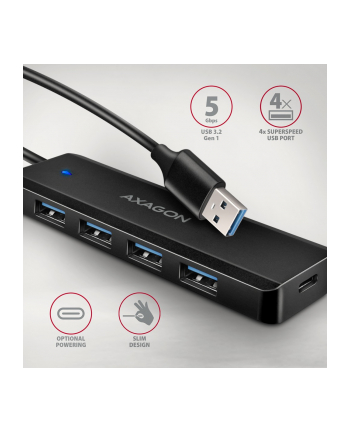 axagon HUE-C1A 4-portowy hub USB 5Gbps Travel, USB-C power IN, kabel Type-A 19cm, USB-C dodatkowe zasilanie