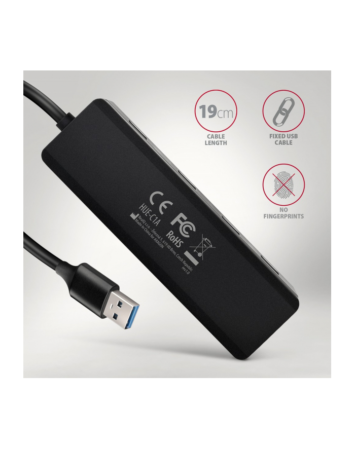 axagon HUE-C1A 4-portowy hub USB 5Gbps Travel, USB-C power IN, kabel Type-A 19cm, USB-C dodatkowe zasilanie główny